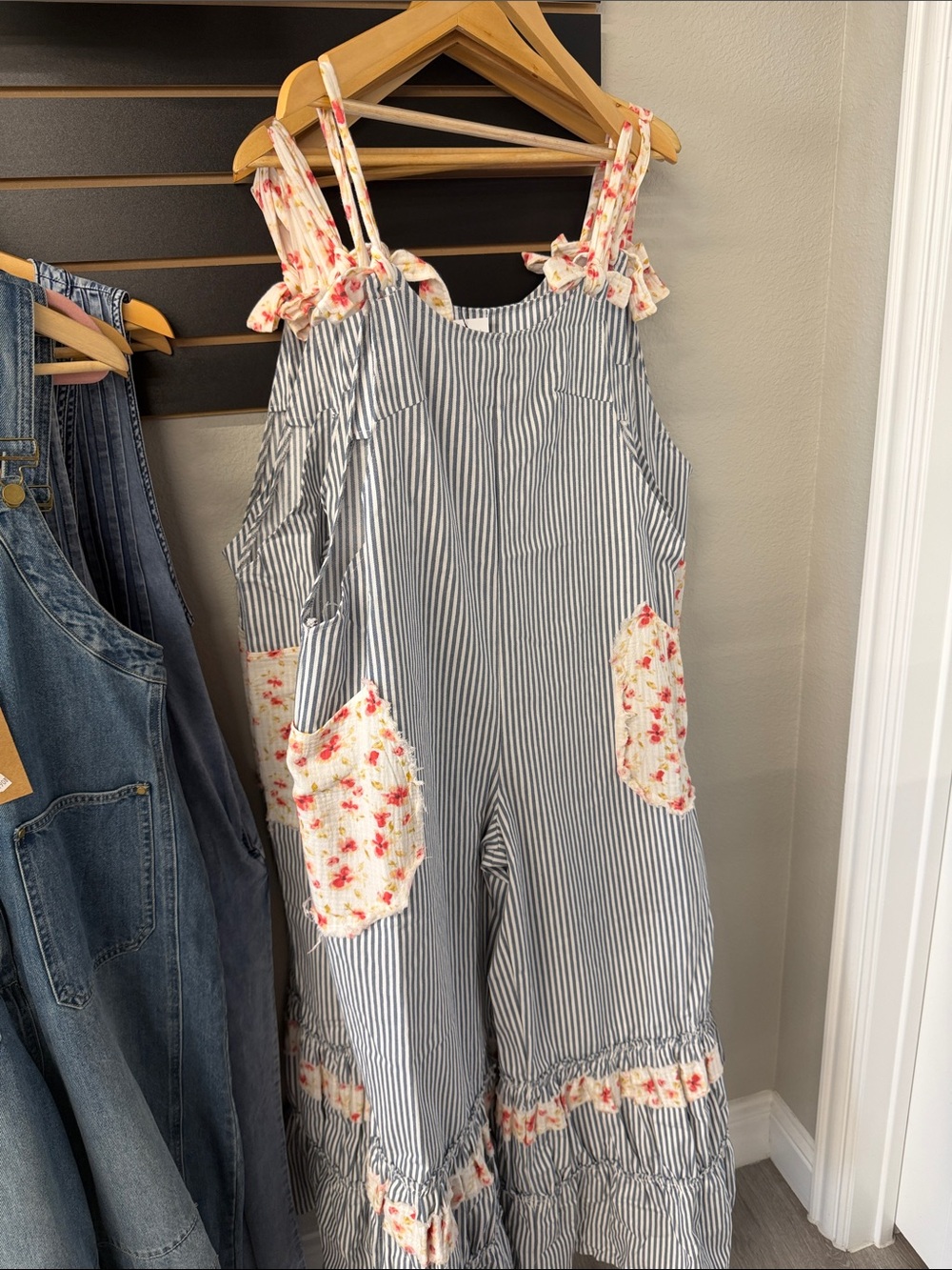 POL Blue + White Striped Floral-Pocket Ruffle Jumpsuit - Picture 8 of 9